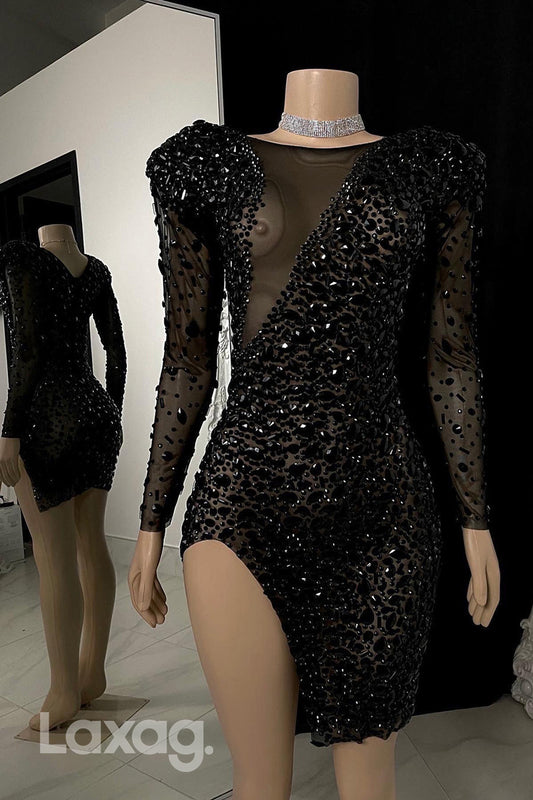 22559 - Round Long Sleeves Beaded illusion High Slit Prom Dresses for Black Girl Slay