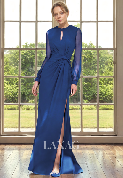 Round Long Sleeves Cutout Sleek Satin Mother of the Bride Dress with Slit