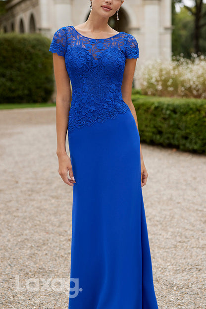 22810 - Round Short Sleeves Lace Cocktail Party Formal Evening Dress with Sweep Train
