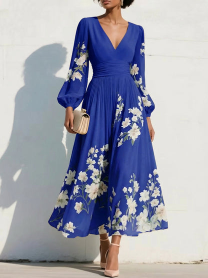 V-Neck Long-Sleeves Print-Chiffon Pleated Tea-Length A-Line Mother of the Bride Dress