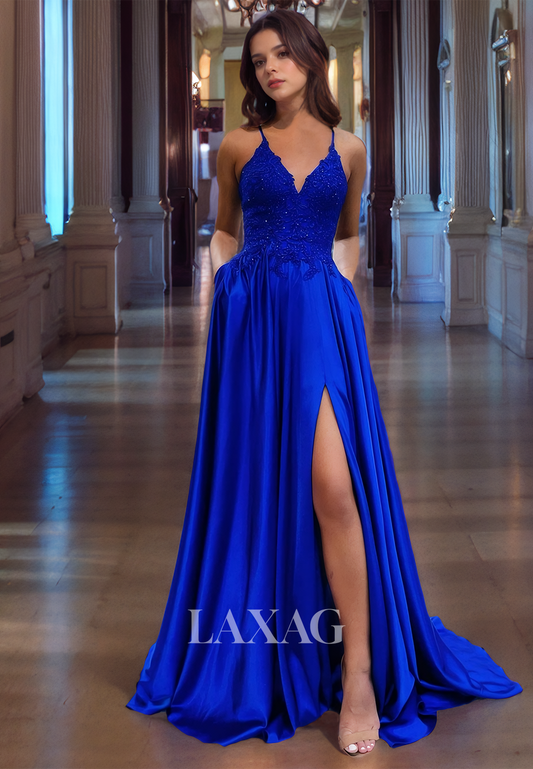 Royal Blue Formal Long Dress A-Line V-Neck Appique Top High Slit Prom Dress