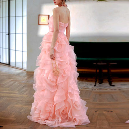 Off-Shoulder Tube Top Floor-Length Ruffled Chiffon Pleated Tiered Fitted Party Prom Dress