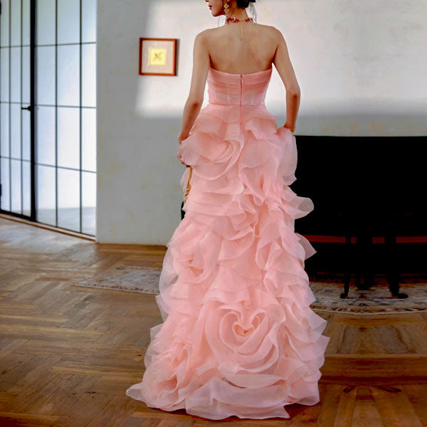 Off-Shoulder Tube Top Floor-Length Ruffled Chiffon Pleated Tiered Fitted Party Prom Dress