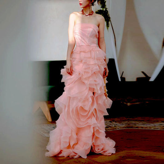 Off-Shoulder Tube Top Floor-Length Ruffled Chiffon Pleated Tiered Fitted Party Prom Dress