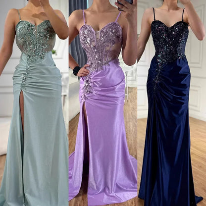 Sweetheart Spaghetti Straps Satin Mermaid Prom Dress Sleeveless Sequined Party Gowns