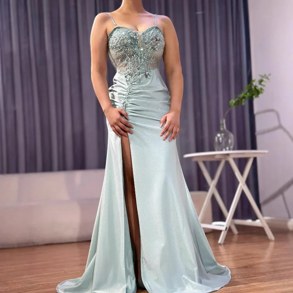 Sweetheart Spaghetti Straps Satin Mermaid Prom Dress Sleeveless Sequined Party Gowns