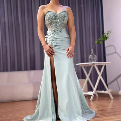 Sweetheart Spaghetti Straps Satin Mermaid Prom Dress Sleeveless Sequined Party Gowns