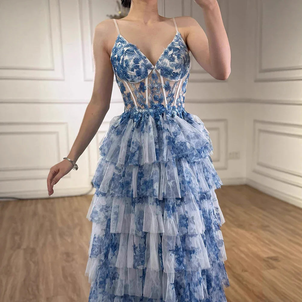 V-Neck Spaghetti Straps Sleeveless Print-Tulle Floor-Length Tiered A-Line Prom Dress