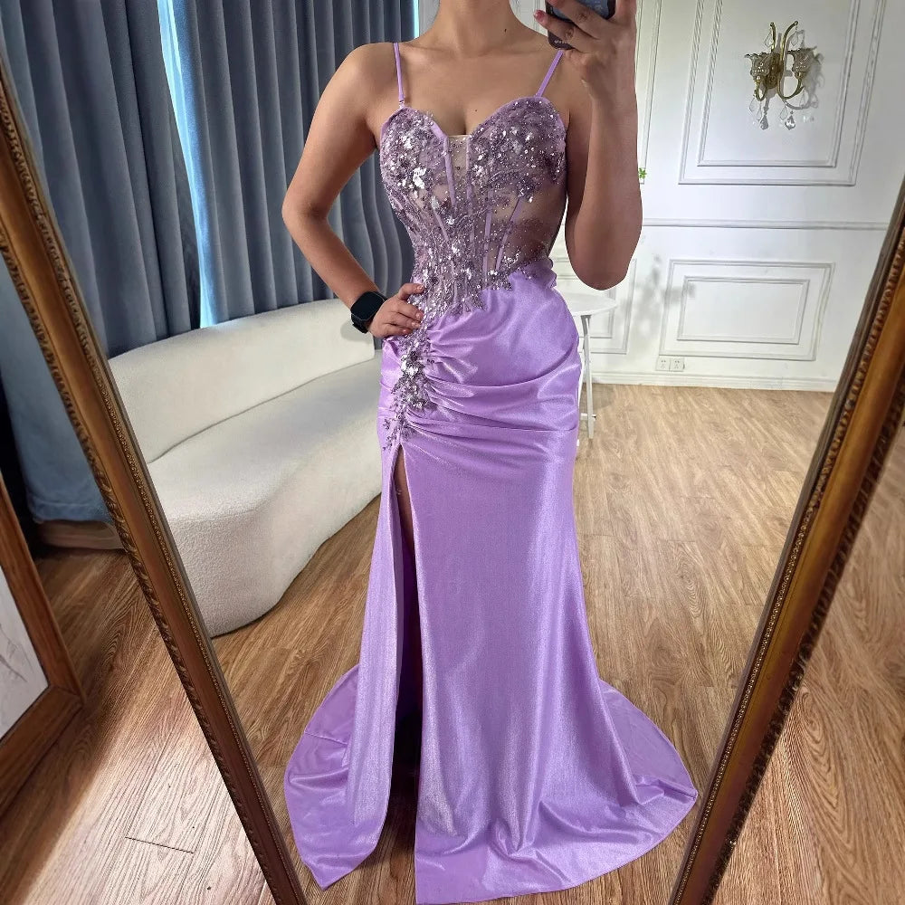 Sweetheart Spaghetti Straps Satin Mermaid Prom Dress Sleeveless Sequined Party Gowns