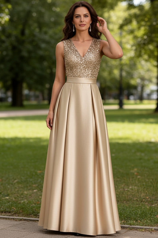 V-Neck Straps Sleeveless Floor-Length Sequined Pleated Satin A-Line Evening Dress