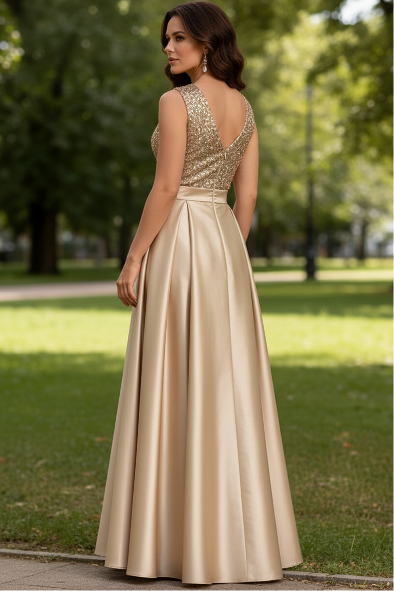 V-Neck Straps Sleeveless Floor-Length Sequined Pleated Satin A-Line Evening Dress