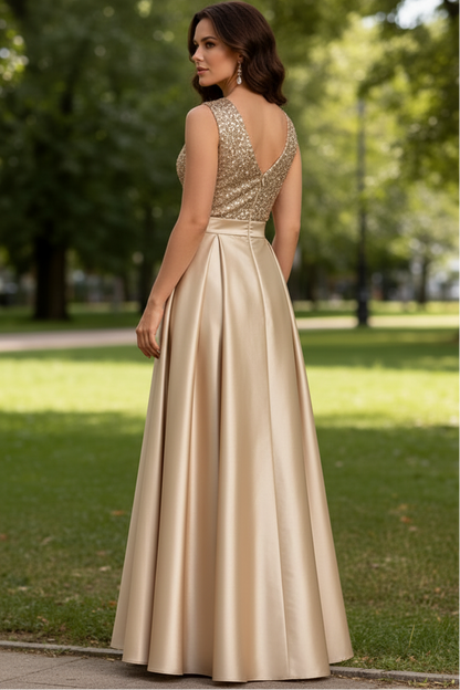 V-Neck Straps Sleeveless Floor-Length Sequined Pleated Satin A-Line Evening Dress
