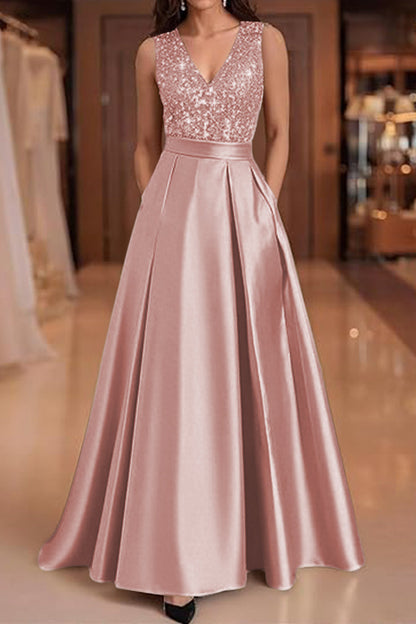 V-Neck Straps Sleeveless Floor-Length Sequined Pleated Satin A-Line Evening Dress