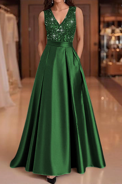 V-Neck Straps Sleeveless Floor-Length Sequined Pleated Satin A-Line Evening Dress