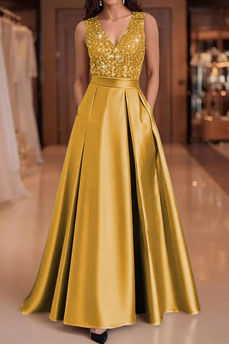 V-Neck Straps Sleeveless Floor-Length Sequined Pleated Satin A-Line Evening Dress