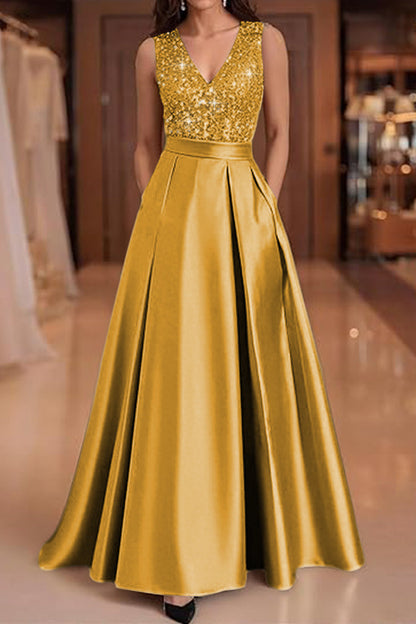 V-Neck Straps Sleeveless Floor-Length Sequined Pleated Satin A-Line Evening Dress
