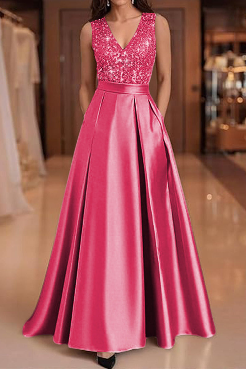 V-Neck Straps Sleeveless Floor-Length Sequined Pleated Satin A-Line Evening Dress