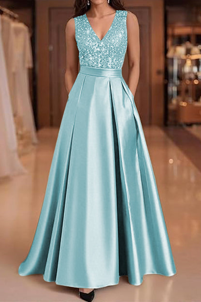 V-Neck Straps Sleeveless Floor-Length Sequined Pleated Satin A-Line Evening Dress