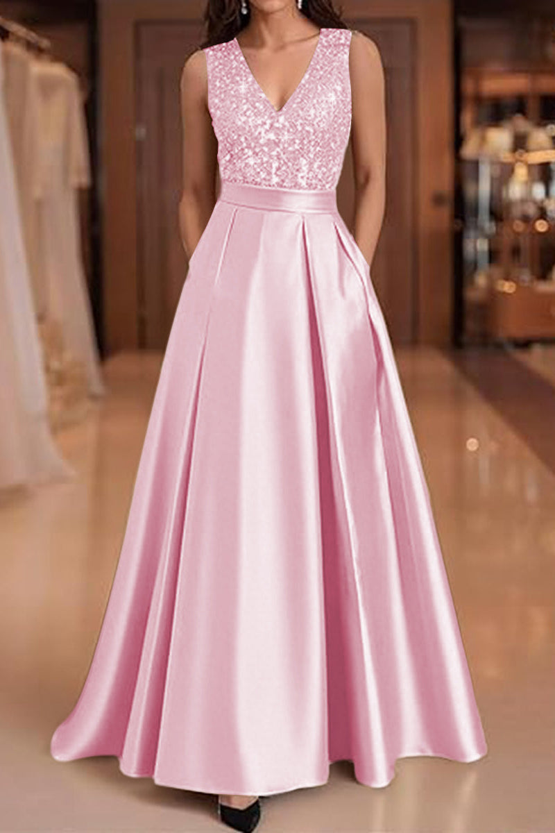 V-Neck Straps Sleeveless Floor-Length Sequined Pleated Satin A-Line Evening Dress