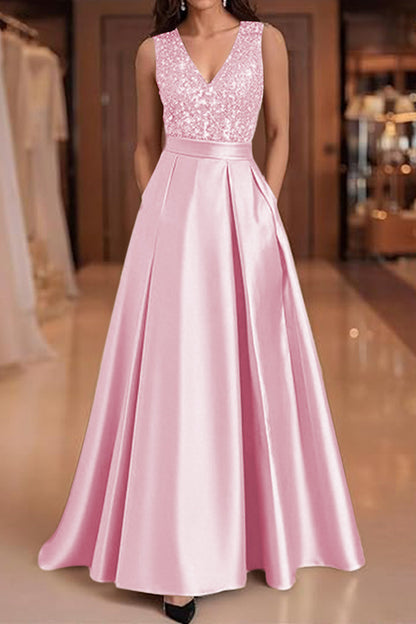 V-Neck Straps Sleeveless Floor-Length Sequined Pleated Satin A-Line Evening Dress