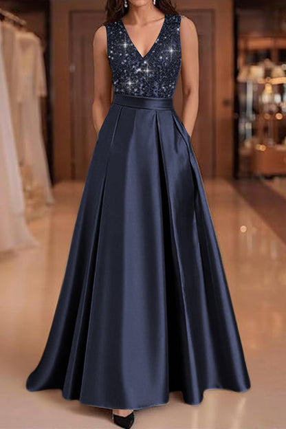 V-Neck Straps Sleeveless Floor-Length Sequined Pleated Satin A-Line Evening Dress
