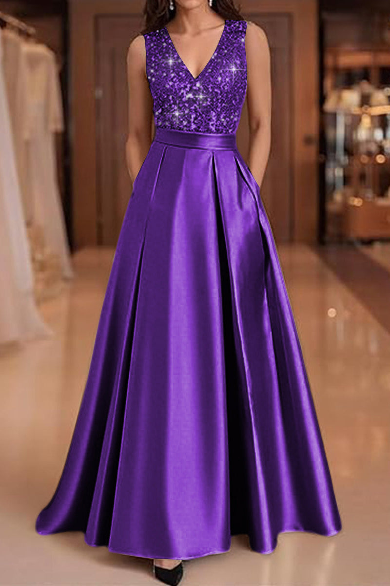 V-Neck Straps Sleeveless Floor-Length Sequined Pleated Satin A-Line Evening Dress