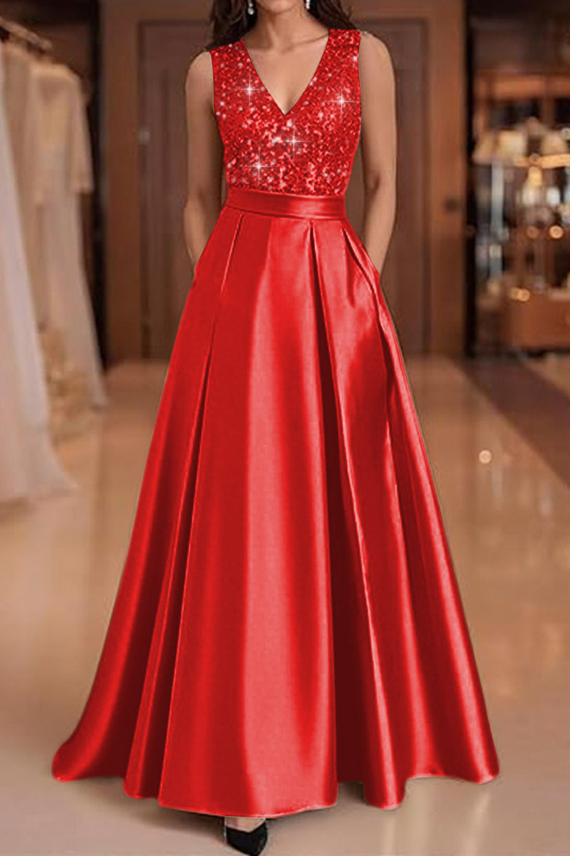 V-Neck Straps Sleeveless Floor-Length Sequined Pleated Satin A-Line Evening Dress