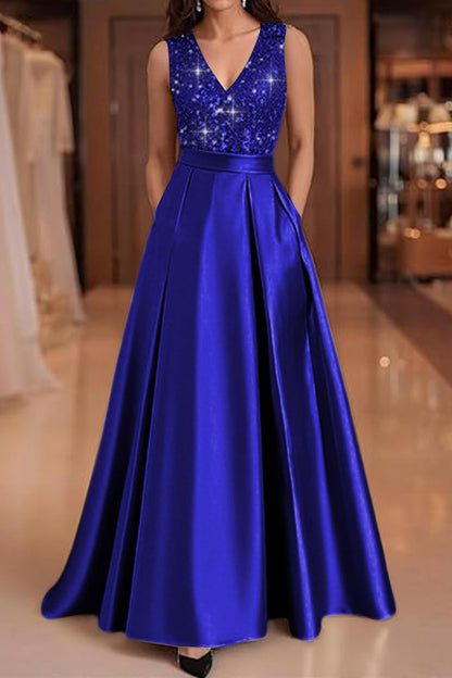 V-Neck Straps Sleeveless Floor-Length Sequined Pleated Satin A-Line Evening Dress