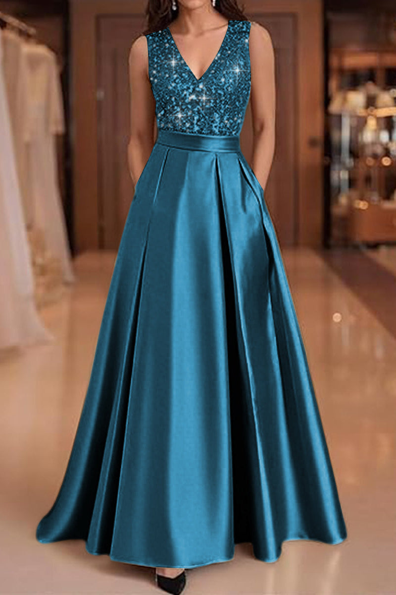 V-Neck Straps Sleeveless Floor-Length Sequined Pleated Satin A-Line Evening Dress