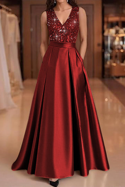V-Neck Straps Sleeveless Floor-Length Sequined Pleated Satin A-Line Evening Dress