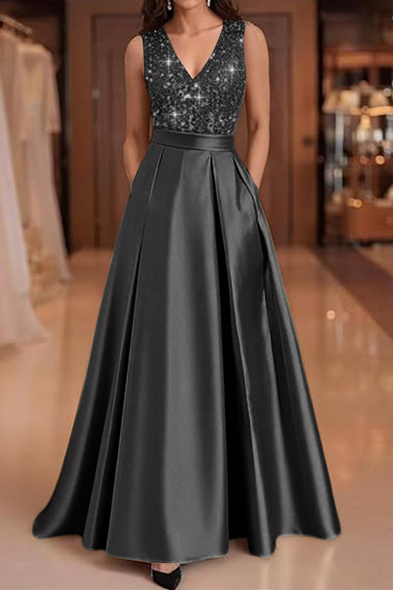 V-Neck Straps Sleeveless Floor-Length Sequined Pleated Satin A-Line Evening Dress