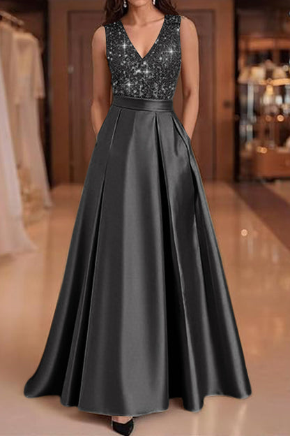 V-Neck Straps Sleeveless Floor-Length Sequined Pleated Satin A-Line Evening Dress