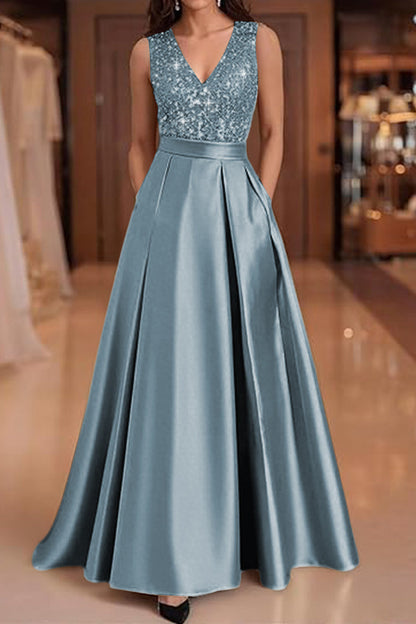 V-Neck Straps Sleeveless Floor-Length Sequined Pleated Satin A-Line Evening Dress