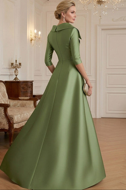 V-Neck Collared 3/4-Sleeve Beaded Sequined Satin Mother of the Bride Dress with Overlay
