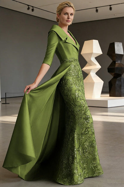 V-Neck Collared 3/4-Sleeve Beaded Sequined Satin Mother of the Bride Dress with Overlay