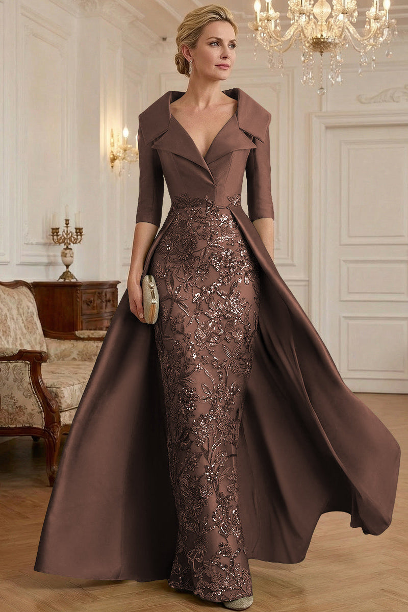 V-Neck Collared 3/4-Sleeve Beaded Sequined Satin Mother of the Bride Dress with Overlay
