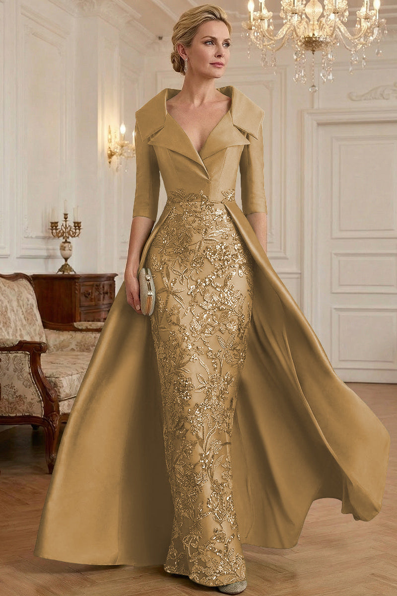 V-Neck Collared 3/4-Sleeve Beaded Sequined Satin Mother of the Bride Dress with Overlay