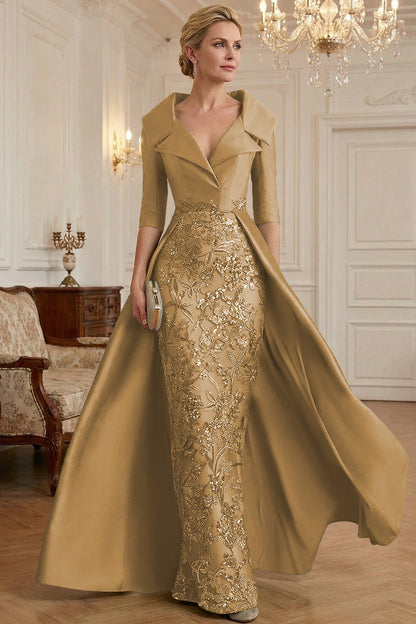V-Neck Collared 3/4-Sleeve Beaded Sequined Satin Mother of the Bride Dress with Overlay