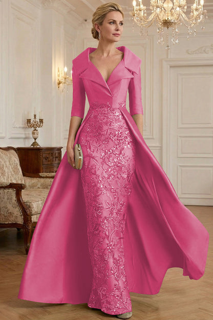 V-Neck Collared 3/4-Sleeve Beaded Sequined Satin Mother of the Bride Dress with Overlay