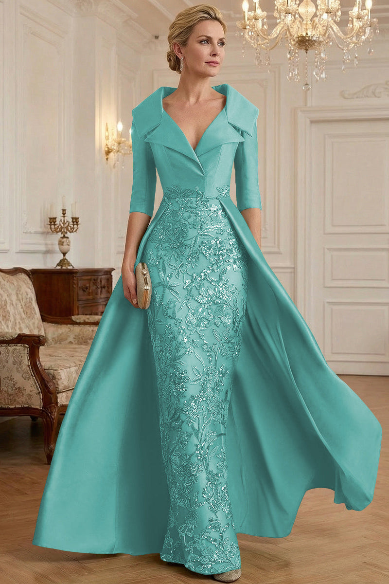 V-Neck Collared 3/4-Sleeve Beaded Sequined Satin Mother of the Bride Dress with Overlay