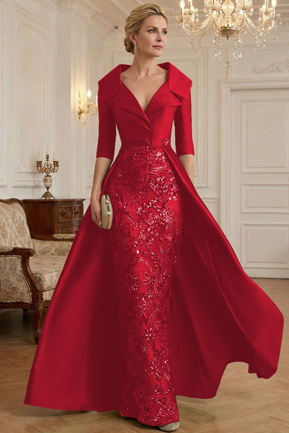 V-Neck Collared 3/4-Sleeve Beaded Sequined Satin Mother of the Bride Dress with Overlay
