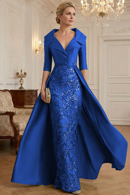 V-Neck Collared 3/4-Sleeve Beaded Sequined Satin Mother of the Bride Dress with Overlay