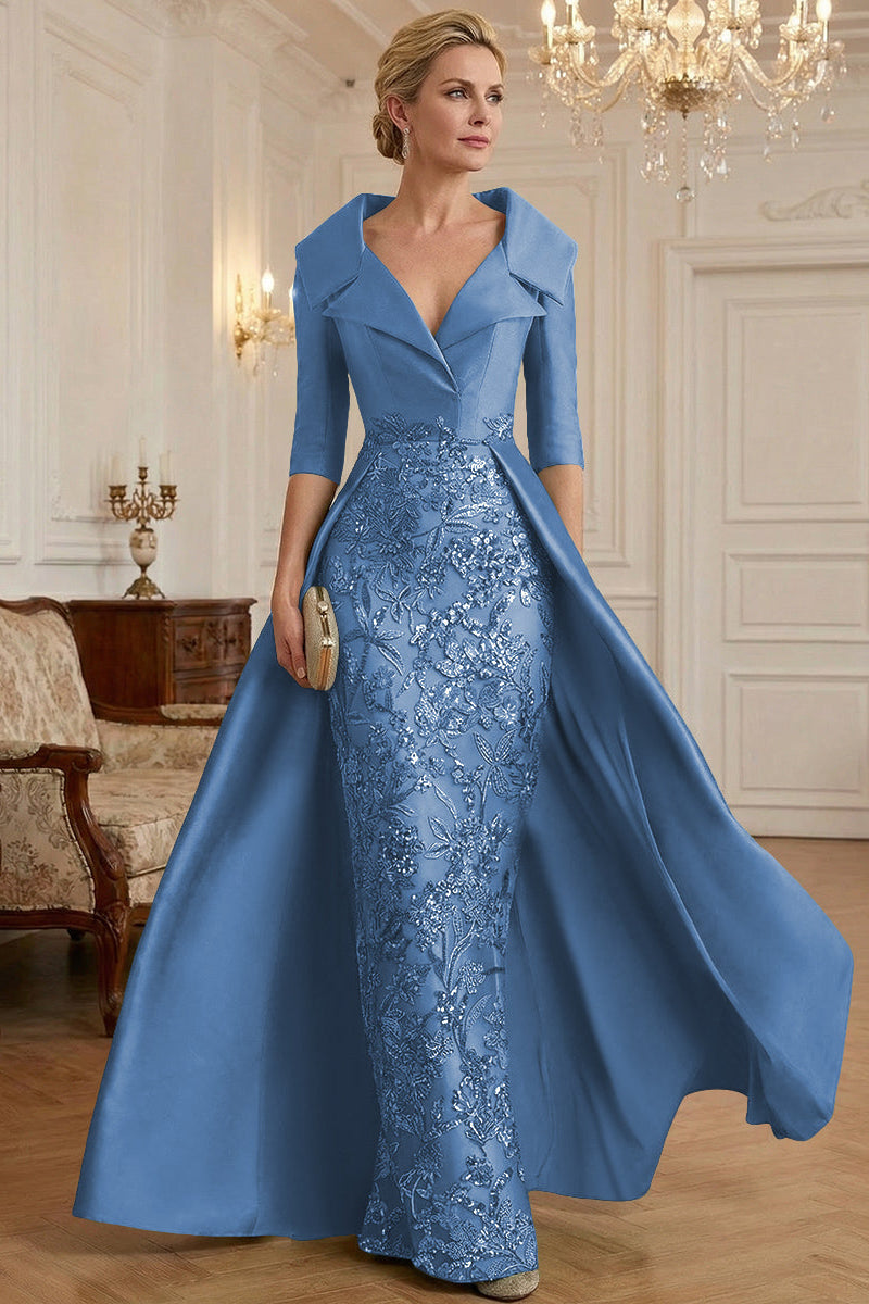 V-Neck Collared 3/4-Sleeve Beaded Sequined Satin Mother of the Bride Dress with Overlay
