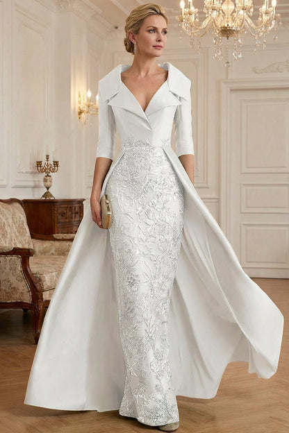 V-Neck Collared 3/4-Sleeve Beaded Sequined Satin Mother of the Bride Dress with Overlay