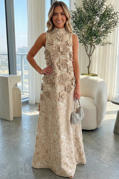 A-Line High-Neck Sleeveless 3D-Floral Applique Jacquard Satin Mother of the Bride Dress