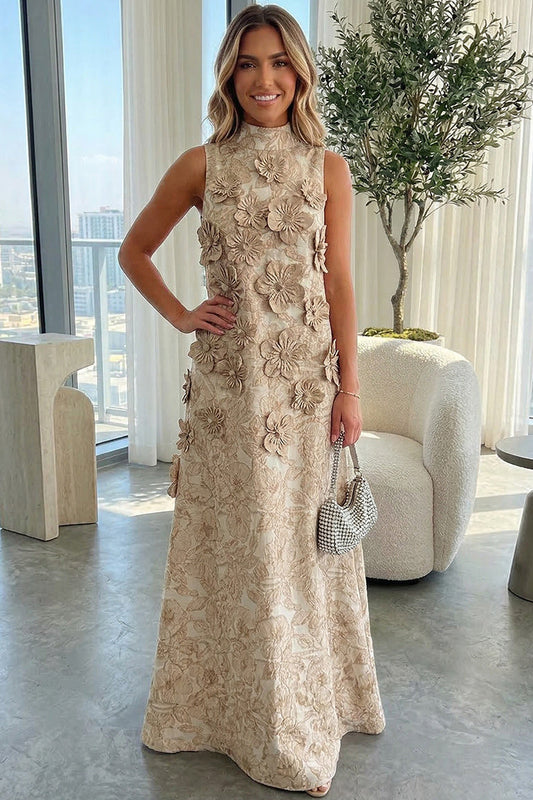 A-Line High-Neck Sleeveless 3D-Floral Applique Jacquard Satin Mother of the Bride Dress