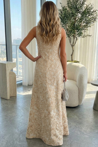 A-Line High-Neck Sleeveless 3D-Floral Applique Jacquard Satin Mother of the Bride Dress