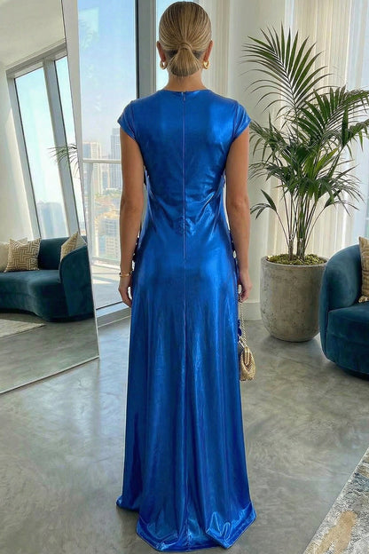 Scoop-Neck Cap-Sleeves 3D-Floral Applique Satin Pleated Fitted Mother of the Bride Dress