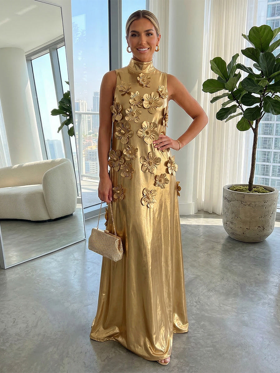 High-Neck Sleeveless 3D-Floral Applique Satin Pleated Fitted Mother of the Bride Dress