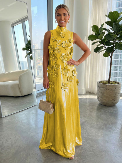 High-Neck Sleeveless 3D-Floral Applique Satin Pleated Fitted Mother of the Bride Dress